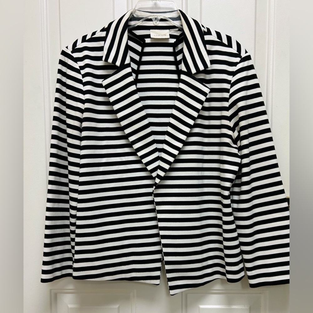 Chico’s Jacket - Black & White Striped Open-Front Jacket - Picture 2 of 11